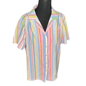 Cathy Daniels Striped Button Up Shirt Rainbow Cotton Short Sleeve Grandmacore